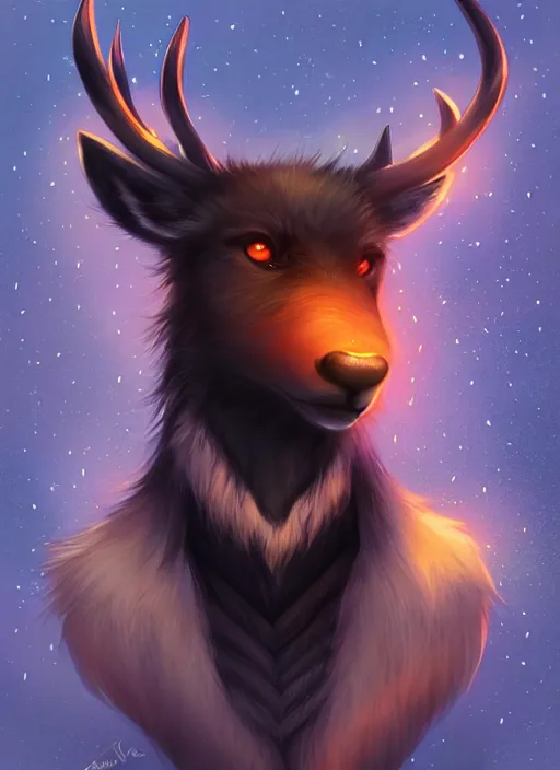 Image similar to award winning beautiful portrait commission of a male furry anthro Black Reindeer fursona with a tail, wings and a cute beautiful attractive detailed furry face wearing stylish black and orange galaxy clothes in a outerspace city at night while it rains. Character design by charlie bowater, ross tran, artgerm, and makoto shinkai, detailed, inked, western comic book art