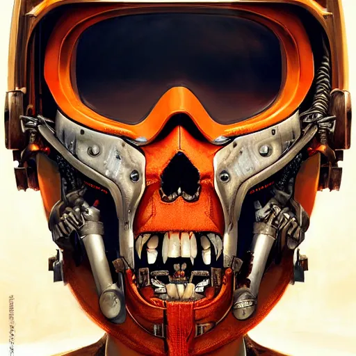 Image similar to a portrait of an cyborg vintage skull, vampire teeth, in an orange racing helmet by sandra chevrier, detailed render, epic composition, cybernetics, 4 k realistic, cryengine, realistic shaded lighting, sharp focus, masterpiece, by matteo scalera, gary montalbano, peter elson in the style of the tokyo ghost comic