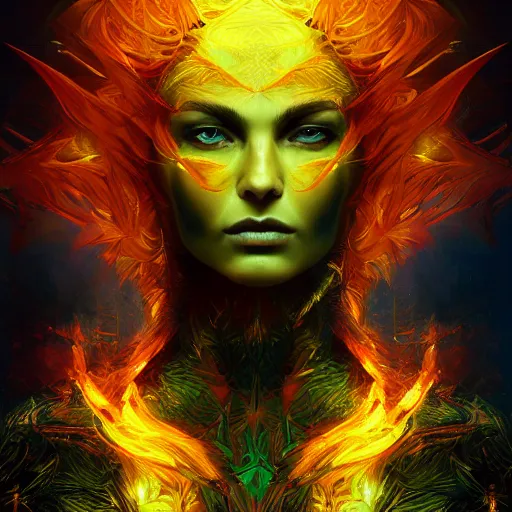 Image similar to portrait of jean grey, symmetry, hyperdetailed perfect face, green eyes, comic, phoenix rising, burning flames, intricate, detailed, volumetric lighting, scenery, digital painting, highly detailed, artstation, sharp focus, illustration, concept art, ruan jia, steve mccurry