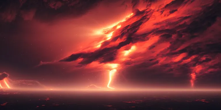 Image similar to throng of various alien flying shiny fish - like creatures, in the style of edwin salpeter. scene set in the upper atmosphere of jupiter. electrical storms. beautiful clouds. volumetric real lighting. real light and shadows. dim sun. astronomy. artstation, octane, real details, fog, 8 k, hd, warm red and orange shades.