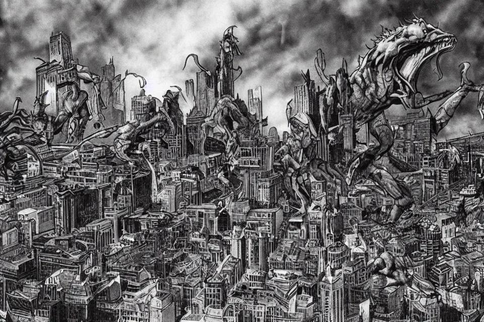 Prompt: mythical monsters attacking a city. low camera angle. 1 9 9 0 s failure pictures.
