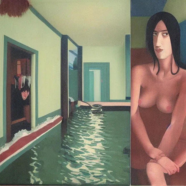 Image similar to tall female emo artist in her flooded apartment, water gushing from ceiling, painting of flood waters inside an artist's home, a river flooding indoors, pomegranates, pigs, ikebana, zen, water, octopus, river, rapids, waterfall, black swans, canoe, berries, acrylic on canvas, surrealist, by magritte and monet