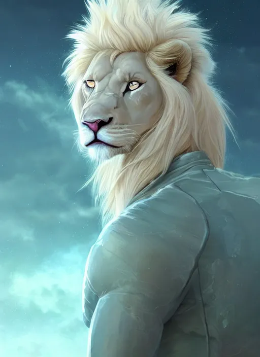 Image similar to aesthetic portrait commission of a of a male fully furry muscular anthro albino lion with a tail and a beautiful attractive hyperdetailed face wearing stylish and creative wearing mint outfit made out of silk in a sci-fi dystopian city at golden hour while it storms in the background. Character design by charlie bowater, ross tran, artgerm, and makoto shinkai, detailed, inked, western comic book art, 2021 award winning film poster painting