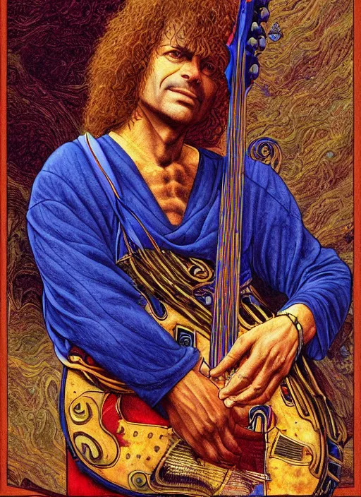 Image similar to an awesome jean giraud graphic art of pat metheny in the style of a renaissance masters portrait, mystical and new age symbolism and tibetan book of the dead imagery, intricately detailed, 4 k