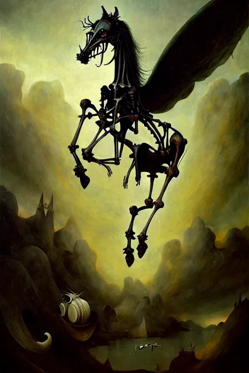 Image similar to hieronymus bosch, greg rutkowski, anna podedworna, painting of a flying evil skeletal horse