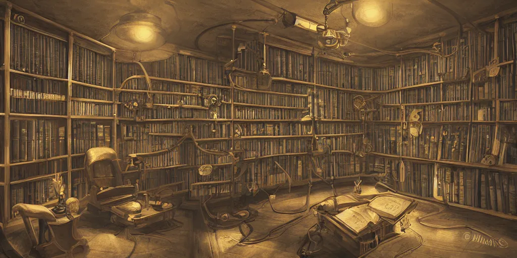 Image similar to steampunk oceanographer study, maps crowding the walls, bookshelves, paintings of ocean topography, sonar equipment, marine biologist lab, bookshelves, incandescent lighting, unreal engine, bibliopunk