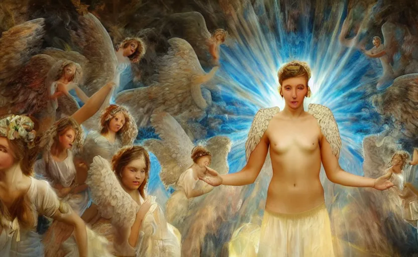 Prompt: a painting of an angel surrounded by angels, a detailed matte painting by david lachapelle, cgsociety contest winner, magical realism, angelic photograph, god rays, mystical