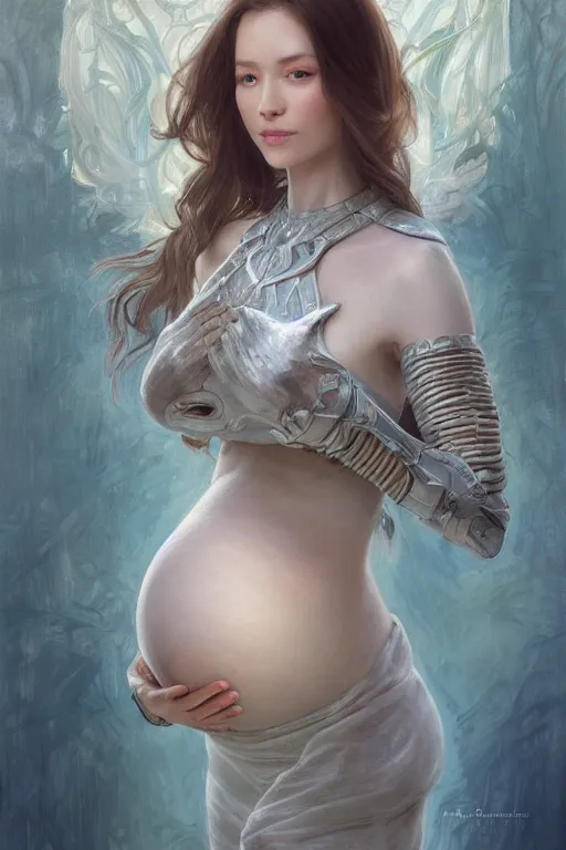 Image similar to ** professional portrait of pregnant peacefull cryogenic female dynamic pose , armor elements , long dark hair, beautiful bone structure, symmetrical facial features, intricate, elegant, digital painting, concept art, smooth, sharp focus, illustration, by Ruan Jia and Mandy Jurgens , and mucha, and Artgerm and William-Adolphe Bouguerea