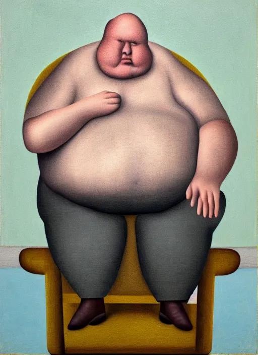 Image similar to fat man sitting on chair, sweat, fat, frustrated, art by gertrude abercrombie