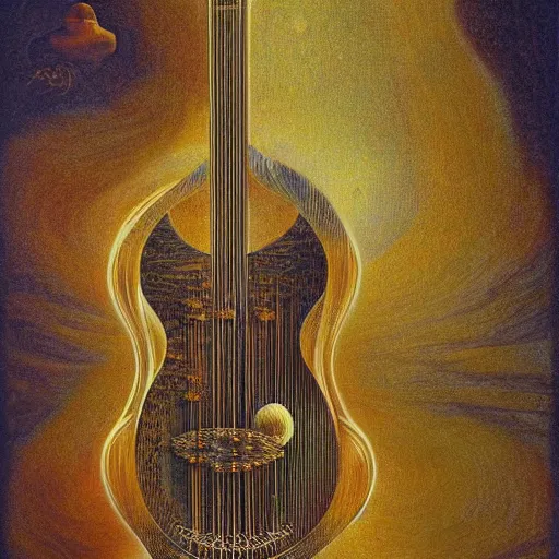 Prompt: excited otherworldly heavenly mountain range disk marlin stem glass guitar , by Beksinski and Johfra Bosschart and Artemisia Gentileschi , quantum wavetracing , trending on deviantart , masterpiece