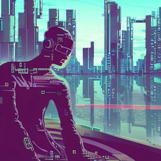 Image similar to A cyberpunk cybernetic synthwave cyborg android smoking weed while staring out at the city below