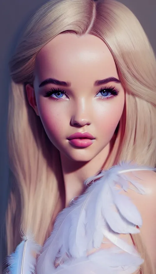 Image similar to a gorgeous female photo of a mix of dove cameron and madison beer, professionally retouched, soft lighting, wearing a feather dress, realistic, smooth face, perfect eyes, wide angle, sharp focus on eyes, 8 k high definition, insanely detailed, intricate, elegant, art by artgerm and wlop