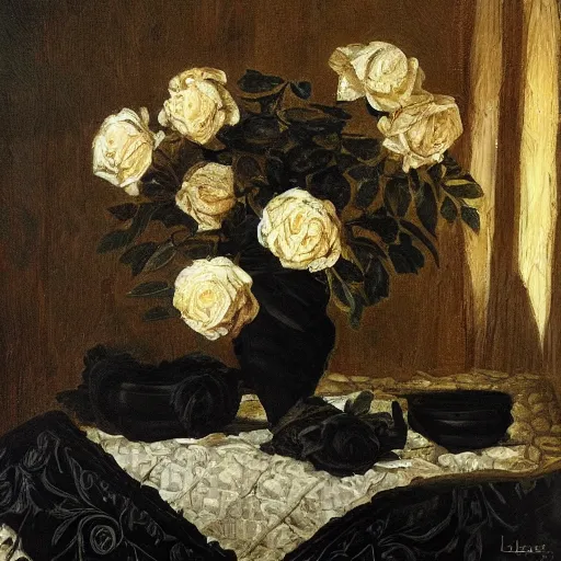 Prompt: a vase of black roses on a table with an ornate patterned tablecloth, beautiful painting by lucien levy - dhurmer, moody lighting