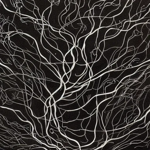 Image similar to award - winning painting of pitch black, tar - like, shadow roots with lots of tendrils spreading everywhere, intricate detail, deep black roots, infestation, shadowy, lovecraftian