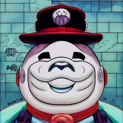 Prompt: portrait closeup of crazy stay puft marshmallow man, symmetrical, by yoichi hatakenaka, masamune shirow, josan gonzales and dan mumford, ayami kojima, takato yamamoto, barclay shaw, karol bak, yukito kishiro