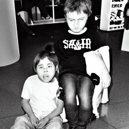 Image similar to due to a spelling error, kids are sitting on satan ’ s lap at the mall, film camera photograph