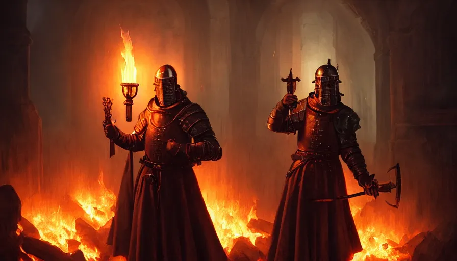 Image similar to a great inquisitor with a torch in his hands, behind which is a village burning with fire, the middle ages, fine details, blood, digital art, volumetric lighting, cinematic light, photorealistic, by greg rutkowski, by marc simonetti, by giger, by caravaggio, perfect faces, fine details, dark souls, 4 k,