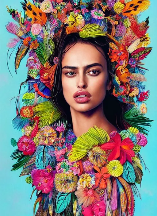 Image similar to beautiful portrait of Irina Shayk wearing fantastic dress,embellished beaded feather decorative fringe knots ,colorful pigtail,subtropical flowers and plants,perfect symmetrica body shape,symmetrical face,intricate,elegant,highly detailed,8k,post-processing,digital painting,harper's bazaar,trending on pinterest,concept art, sharp focus, illustration, by artgerm,Tom Bagshaw,Lawrence Alma-Tadema,greg rutkowski,golden ratio