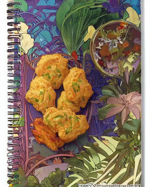 Prompt: a realistic cookbook photograph of a bacalaito fritter surrounded by tropical iconography and a variety of tropical flora, cell shading, by Alphonse Mucha, by Moebius, by hiroshi yoshida, Art Nouveau, colorful, ultradetailed, vivid colour, 3d