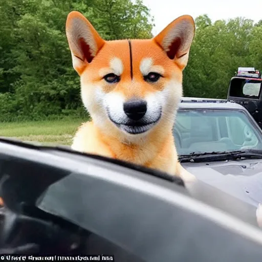 Image similar to a photo of a shiba inu driving a pickup truck is given a speeding ticket by a k 9 dog cop for speeding in the highway