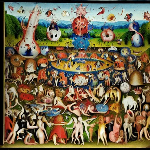 Prompt: Garden of Earthly Delights in the style of Where’s Waldo search and find book