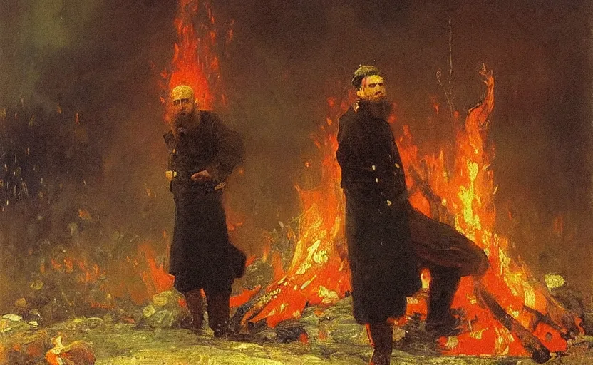Image similar to high quality high detail painting by ilya repin, man standing in front of huge fire, hd