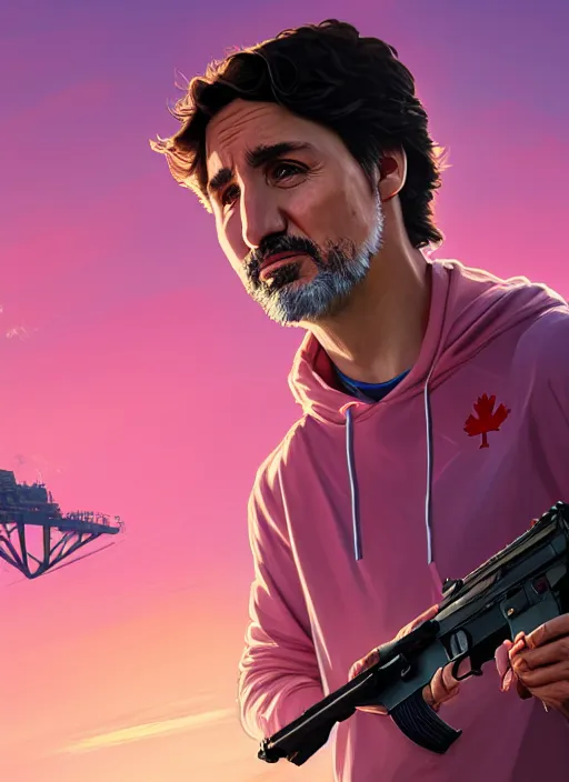 Image similar to highly detailed portrait justin trudeau in ( ( pink hoody rainbow socks ) ) holding ar - 1 5! ( setting costa rica ) in gta v stephen bliss unreal engine fantasy art by greg rutkowski loish rhads ferdinand knab makoto shinkai lois van baarle ilya kuvshinov rossdraws tom bagshaw global illumination radiant light detailed intricate environment