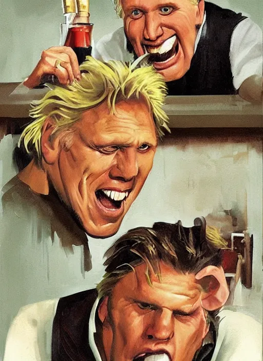 Image similar to gary busey is presented with the worst kind of food in a cafe and vows to eat the chef, by phil hale and tom lovell and frank schoonover