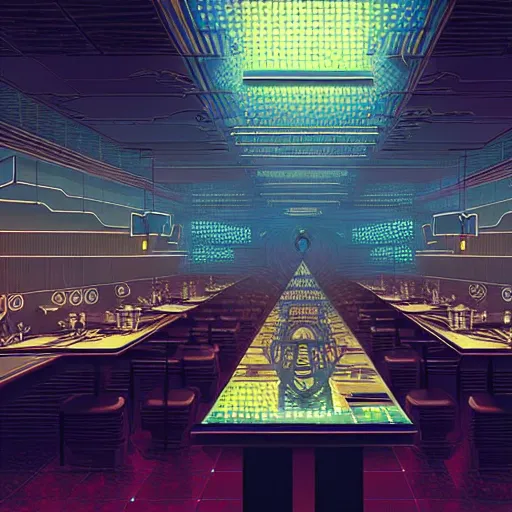 Image similar to futuristic cyberpunk restaurant, interior architecture view, beautiful detailed pixelart by albertov, intricate details, beautiful, dithered gradients, volumetric lighting, cgsociety, artstation, smooth, sharp focus, 2 d illustration, by greg rutkowski, amazing art by dan mumford