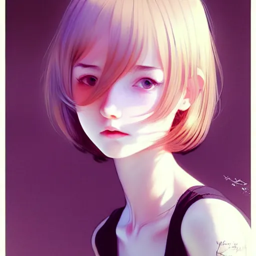 Image similar to a beautiful youth teenage depressed ocd psychotic loner girl, focus close on detesting eyes, soft skin, by ilya kuvshinov, monet, range murata, artgerm, katsuhiro otomo, norman rockwell, highly detailed intricately sharp focus, bedroom eyes trending on pinterest vogue italia 3 5 mm, 4 k uhd image