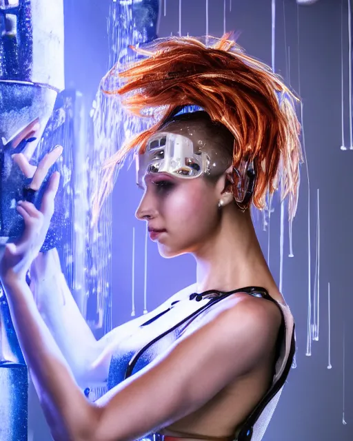 Image similar to portrait photo of female dancer as a cyberpunk mecha humanoid robotic head shoulder parts with straight bright led lights, under a waterfall, ultra - realistic and detailed, 8 k