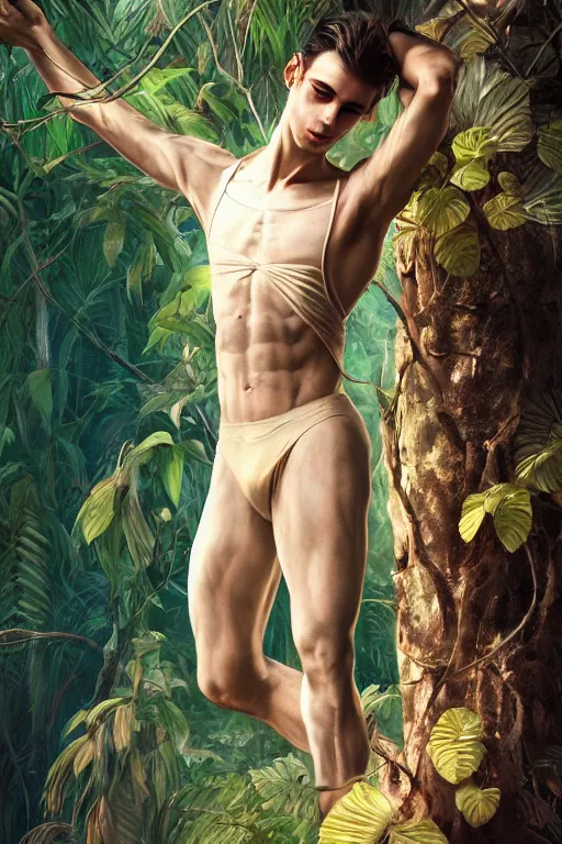 Image similar to stunningly beautiful, male prima ballerina in jungle, symmetrical face, golden hour, smooth, focus, highly detailed, hyper realistic, dramatic lighting, elegant, intricate, concept art, art by wlop, mars ravelo, greg rutowski, artstation