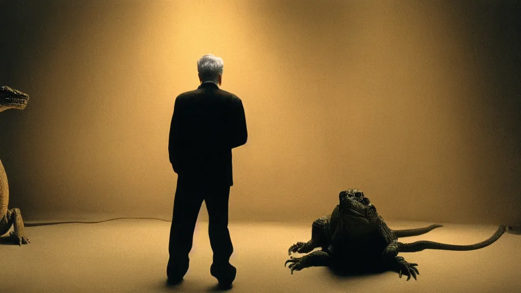 Prompt: a man listening to a reptilian humanoid, reptile, reptilian, draconian, movie still, cinematic composition, cinematic light, criterion collection, reimagined by industrial light and magic, Movie by David Lynch