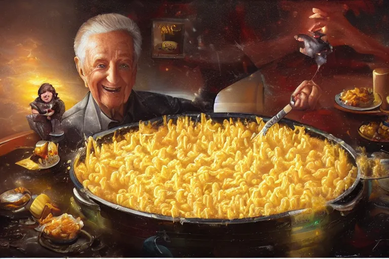 Image similar to portrait of bob barker swimming in a pool of mac and cheese, an oil painting by ross tran and thomas kincade