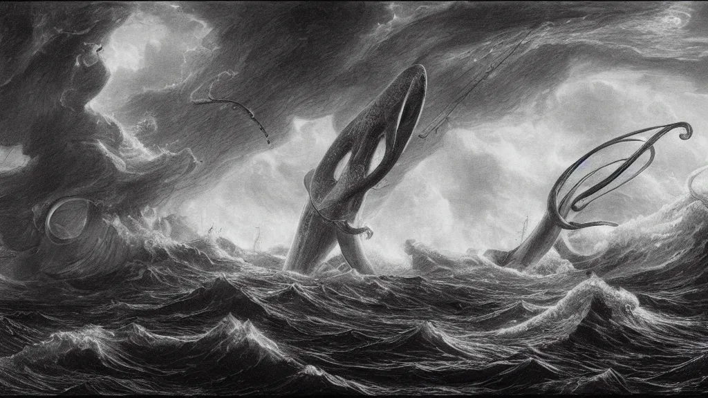 Image similar to drawing of one giant squid attacking a submarine beneath a stormy ocean, by gustave dore, nineteenth century, black and white, vintage, science fiction, epic composition, dramatic lighting, highly detailed, cinematic