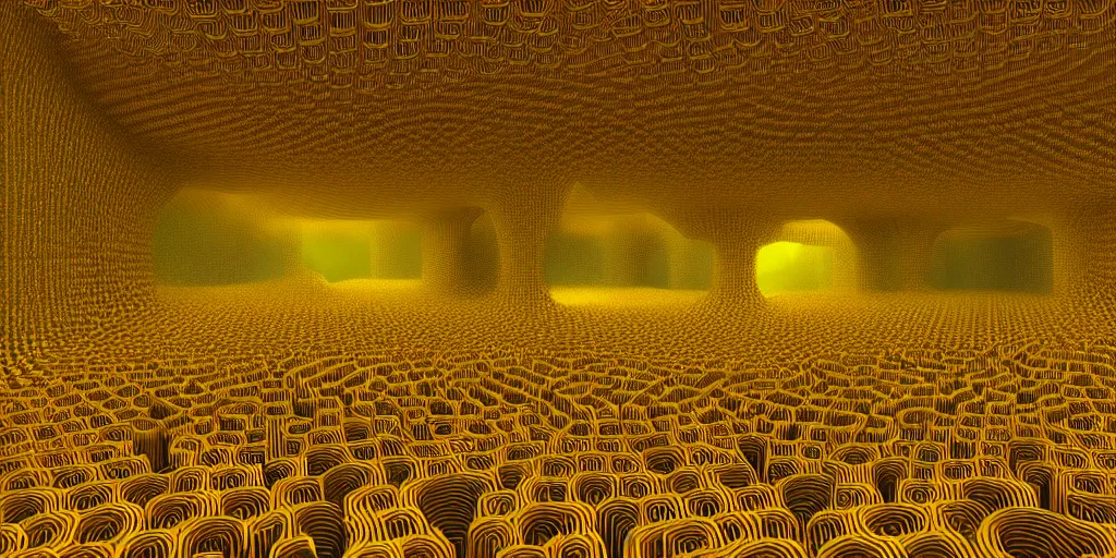 Image similar to deep twisting communal hive maze of yellow tubes and warm light, award winning art, epic dreamlike fantasy landscape, art print, science fiction, ultra realistic,