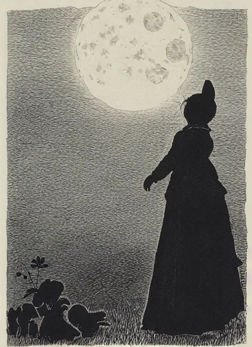 Image similar to silhouette howling at the moon, illustrated by peggy fortnum and beatrix potter and sir john tenniel