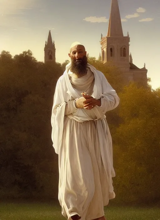 Image similar to oil painting portrait of a dominican monk with a long beard in a white and brown habit, striding dancing through a flourishing garden at sunset with a monastery in the background, hazy, digital art, chiaroscuro, artstation, cinematic, golden hour, digital art painting by greg rutkowski, william - adolphe bouguereau, hazy atmosphere, flowers, cinematic lighting