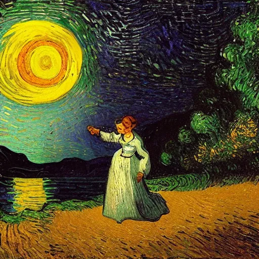 Image similar to Victorian woman singing quietly by a sacred lake at night, bright fire flies, big moon, stars, painted by Vincent van Gogh, Jacques-Louis David detailed