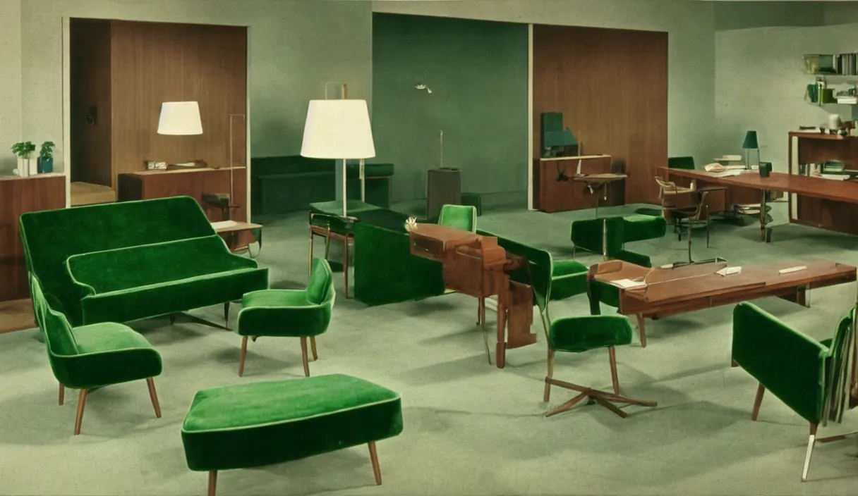 Prompt: a still of severance series indoor 7 0 s green velvet and wood with metal furniture office scenario appearing in a film of jacques tati, in movie playtime ( 1 9 6 7 ) color