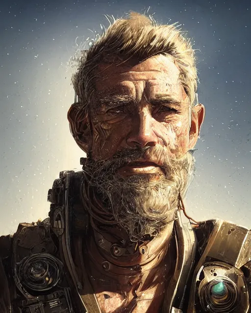 Prompt: a rugged mid aged engineer man with cybernetic enhancements and funky hair lost in the desert, short beard, scifi character portrait by greg rutkowski, esuthio, craig mullins, green eyes, 1 / 4 headshot, cinematic lighting, dystopian scifi gear, gloomy, profile picture, mechanical, half robot, implants, steampunk