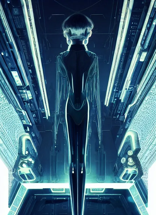 Image similar to symmetry!! film still establishing shot of the technological singularity, sci - fi -, cyberpunk, blade runner, glowing lights, tech, biotech, techwear!! intricate, elegant, highly detailed, digital painting, artstation, concept art, smooth, sharp focus, blur, short focal length, illustration, art by artgerm and greg rutkowski and alphonse mucha