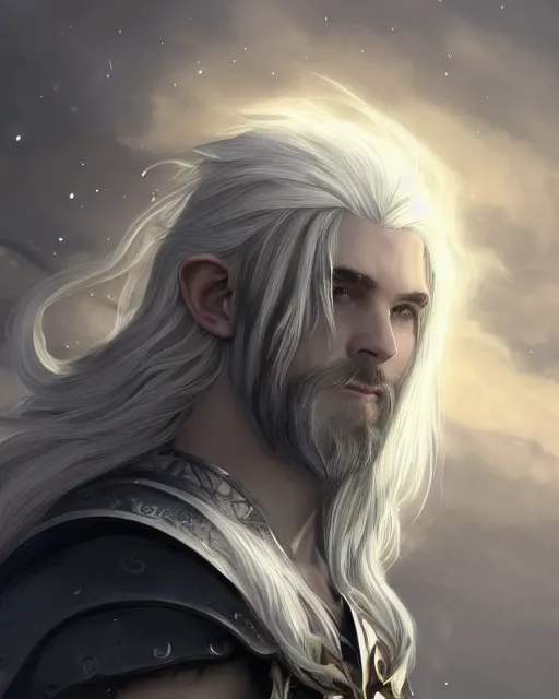 Prompt: portrait, beautiful male elf, long wavy white hair, super detailed, light black armor with silver accenting, silver jewelry, fur lined cape, 8 k, filmic, octane render, moonlight, snow, clouds, torch light on the right, artstation, greg rutkowski, rossdraws, william bouguereau, sharp focus