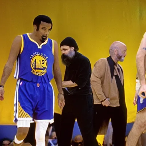 Image similar to nba television footage depicting charles manson coaching the golden state warriors