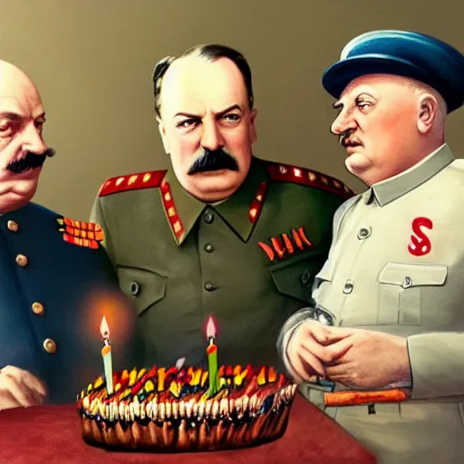 Image similar to Stalin, Churchill and Franklin Roosevelt having a wild birthday party, colorized, fantasy painting,hyperrealistic, highly detailed, depth of field, High definition, 8k, octane render, artstation