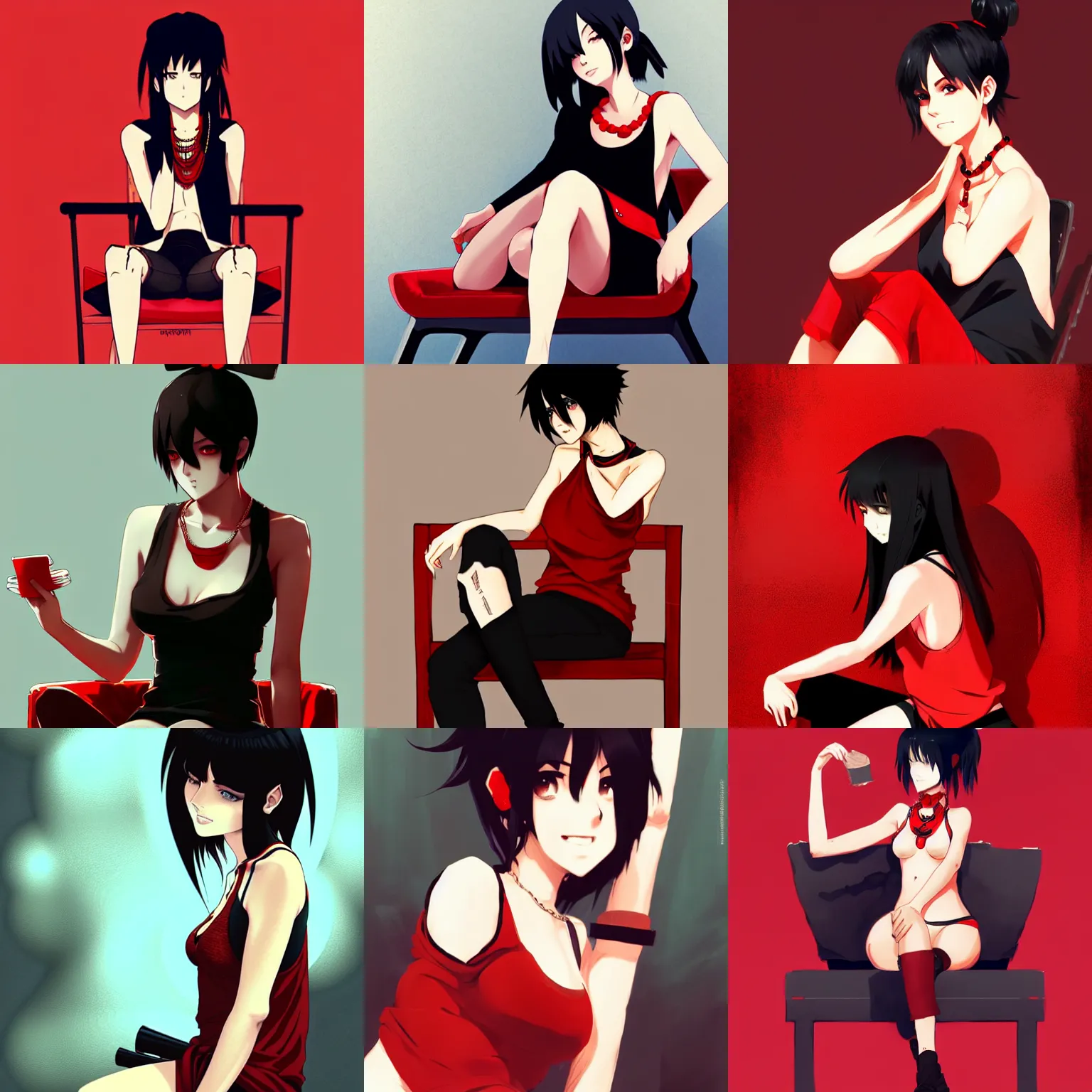 Prompt: sexy girl with black hair, wearing a low cut tanktop and red necklace, sitting in a chair, red and black color palette, in the style of greg rutkowski, high quality anime artstyle, intricate