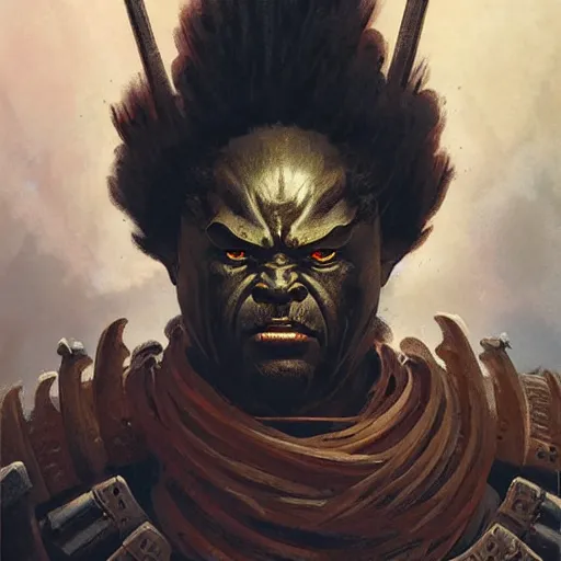 Prompt: head and shoulders portrait of a black samurai fire giant, d & d, fantasy, greg rutkowski, frank frazetta, alexandre chaudret, boris vallejo, michael whelan, miro petrov, hr giger, magali villeneuve, donato giancola