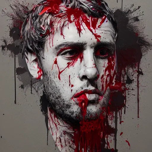 Prompt: matte portrait of a depressed young man covered in dirt and blood, by Antony Micallef by Camille Rose Garcia