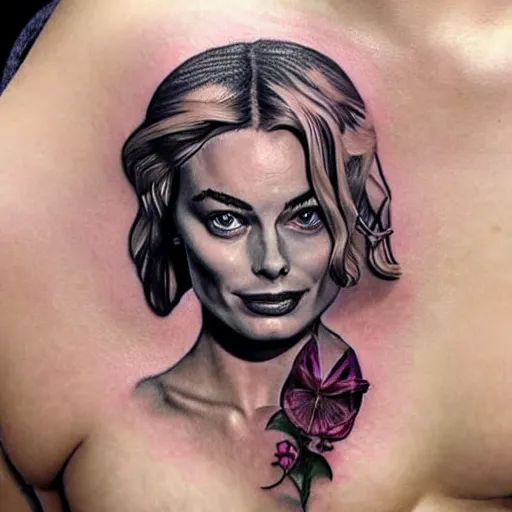 Prompt: surrealist tattoo design of margot robbie and nature mash up, in the style of arlo dicristina, amazing detail, face morph