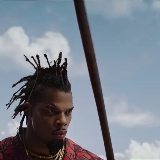 Image similar to cinematic film still Denzel Curry starring as a Samurai holding fire, Japanese CGI, VFX, 2003, 400mm lens, f1.8, shallow depth of field,film photography